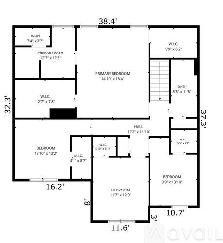 A floor plan of a house with a primary bedroom, bath, and hall.