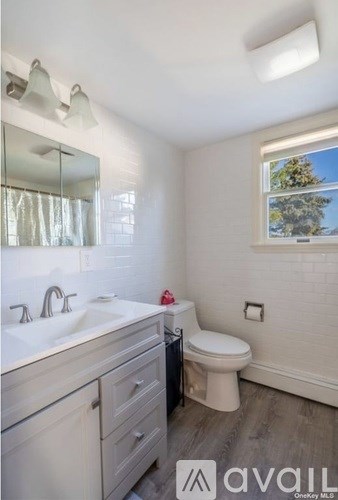 A bathroom with a toilet, sink, and mirror.