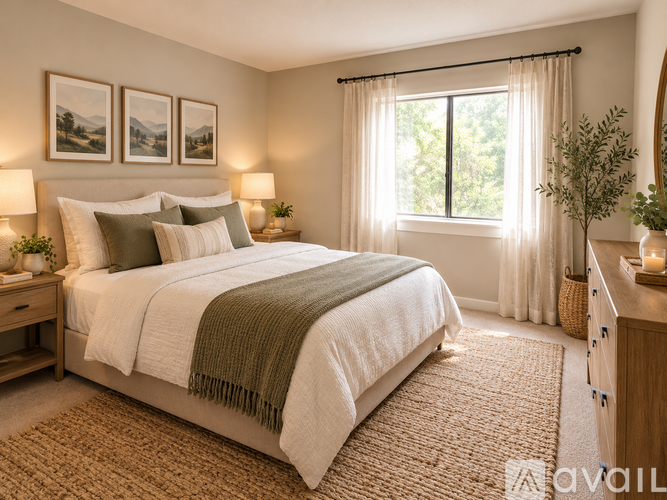 A bedroom with a large bed and a window with curtains.