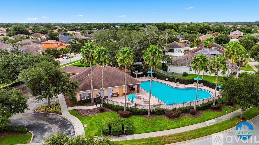 A bird's eye view of a residential area with a swimming pool.