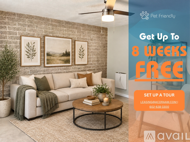 A living room with a couch, a coffee table, and a ceiling fan, with a promotion for a free 8-week lease.