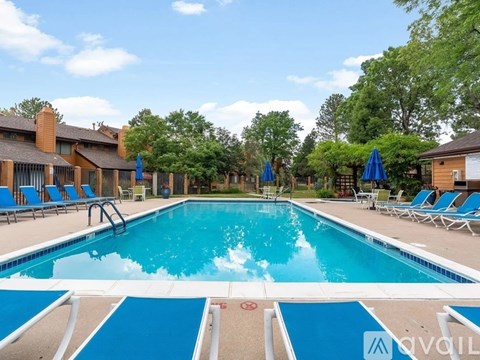 A large swimming pool with blue loungers and a diving board.