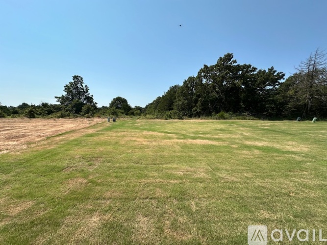 A grassy field with trees in the distance and a clear blue sky.