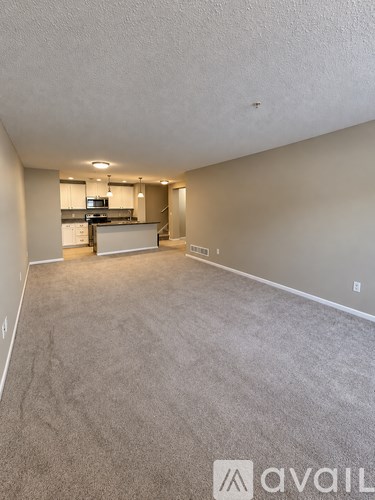 A carpeted room with a kitchen in the background.