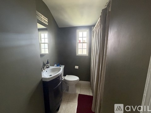 A bathroom with a toilet, sink, and shower curtain.