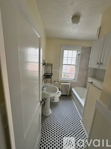 A bathroom with a black and white floor.