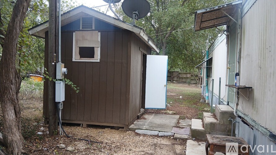 A shed with a white door is surrounded by trees and a utility pole.