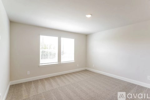 A room with a carpeted floor and two windows.