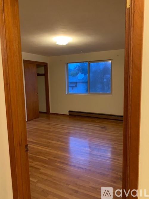 A room with wooden floors and a window showing a snowy scene outside.