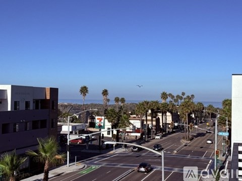 A city street with a clear blue sky and palm trees in the background.