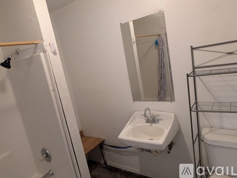A bathroom with a sink, mirror, and a shower.