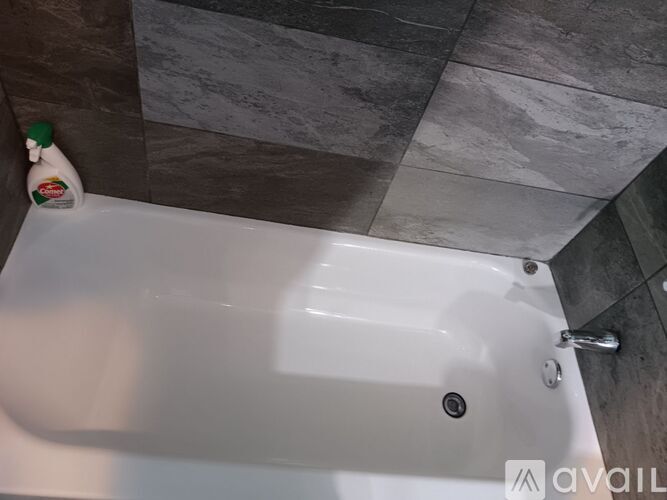 A white bathtub with a bottle of liquid soap on the side.