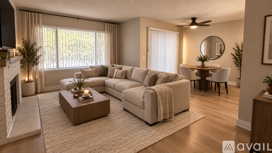 A living room with a fireplace, a couch, a coffee table, and a dining table.