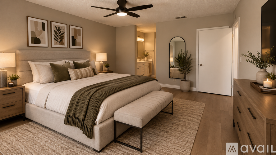 A well-lit bedroom with a large bed, a bench, and a vanity with a mirror.