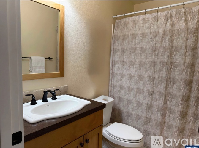 A bathroom with a sink, toilet, and shower curtain.