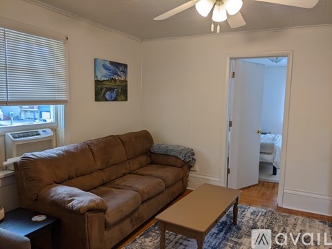 A brown couch sits in a living room with a painting on the wall and a ceiling fan above.