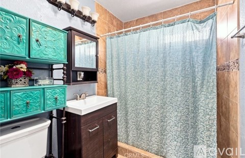 A bathroom with a white tub and a shower curtain.