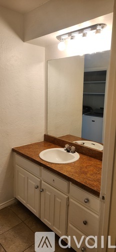 A bathroom with a sink and a mirror.