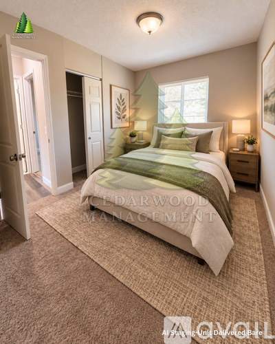 A bedroom with a bed, nightstands, and a rug.