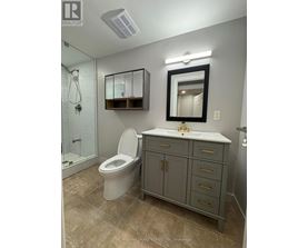 A bathroom with a toilet, sink, and mirror.
