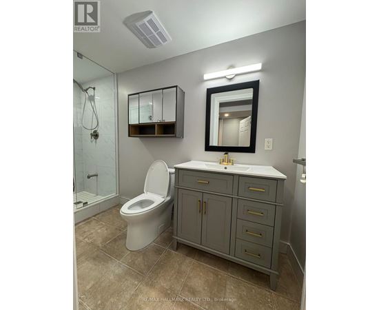 A bathroom with a toilet, sink, and mirror.