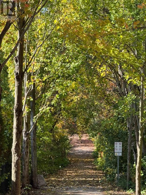 A pathway is lined with trees and a sign is on the right.