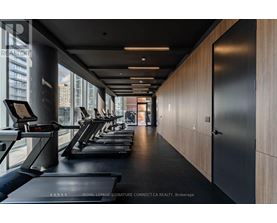 A gym with treadmills and a view of the city.