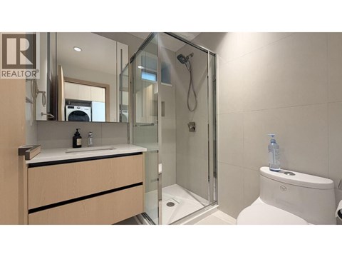 A modern bathroom with a walk-in shower and a toilet.