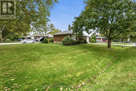 A well-maintained lawn with a house and trees in the background.