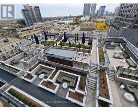 A rooftop garden with a pool and lounge chairs overlooks a cityscape.