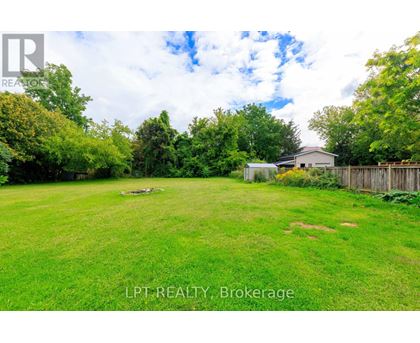 A lush green yard with a house and trees in the background.