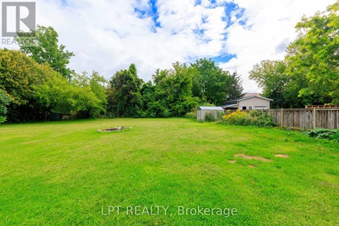 A lush green yard with a house and trees in the background.
