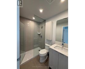 A bathroom with a toilet, sink, and shower.