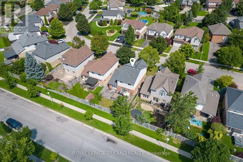 A bird's eye view of a residential neighborhood with houses and trees.