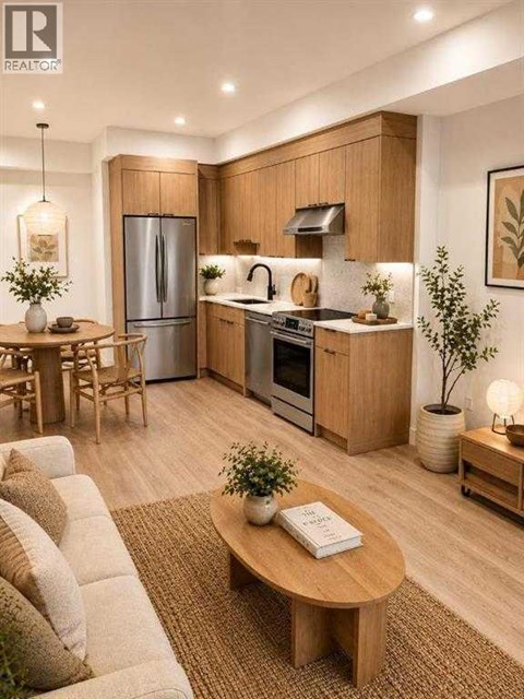 A modern kitchen with wooden cabinets and a refrigerator.