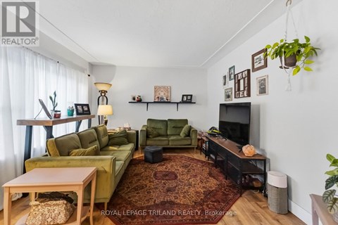 A living room with a green couch and a television.