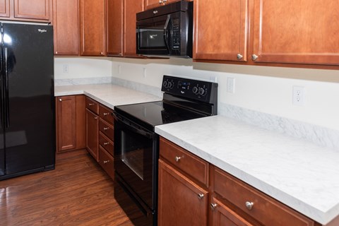 A black refrigerator is in a kitchen with wooden cabinets and a black microwave.
