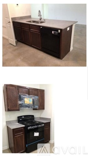 A kitchen with brown cabinets and a black stove top oven.