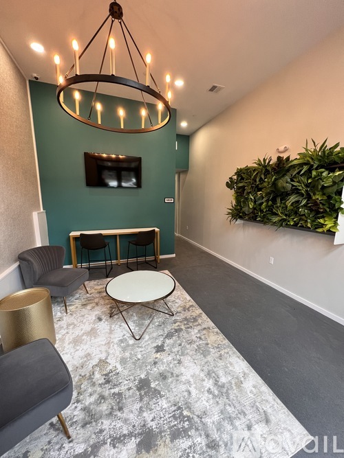 A living room with a grey carpet and a green wall.