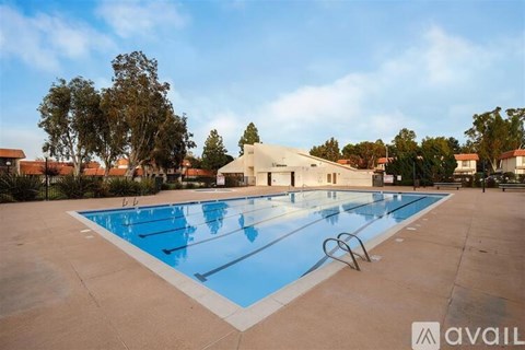 A large outdoor swimming pool with a diving board.