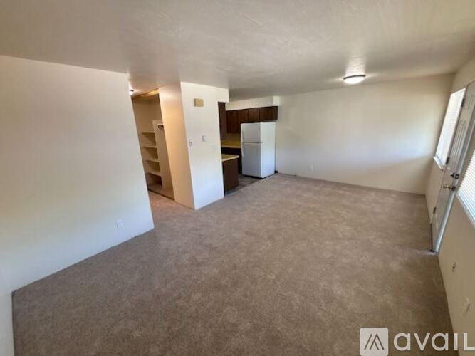 A spacious room with a kitchenette and a refrigerator.