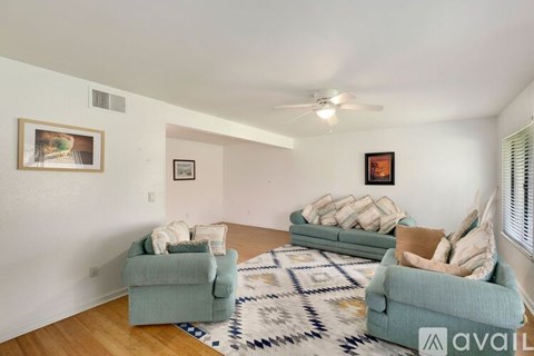 A living room with a rug and two couches.
