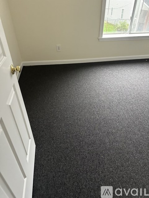 A room with a black floor and a white door.