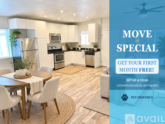 A modern kitchen with a dining table and chairs, and an advertisement for a free first month offer.