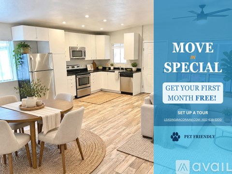 A modern kitchen with a dining table and chairs, and an advertisement for a free first month offer.