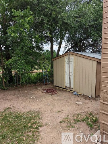 A shed sits in a backyard with a dirt ground and trees in the background.