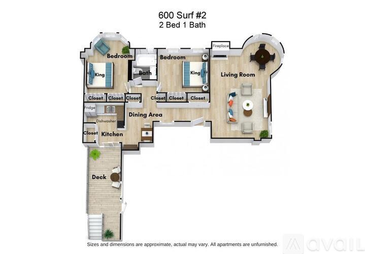 A floor plan of apartment 600 Surf #2 with 2 bedrooms and 1 bathroom.