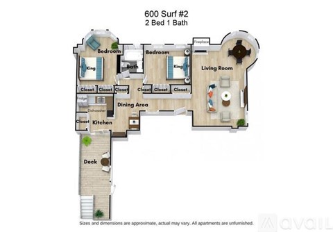 A floor plan of apartment 600 Surf #2 with 2 bedrooms and 1 bathroom.