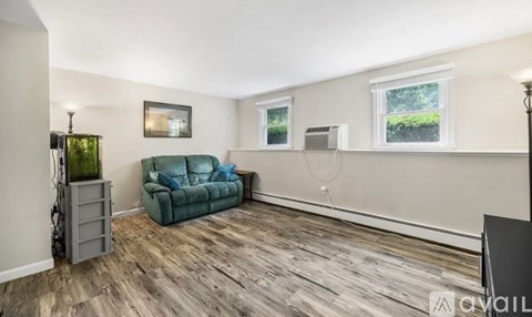 A living room with a green sofa and wooden flooring.