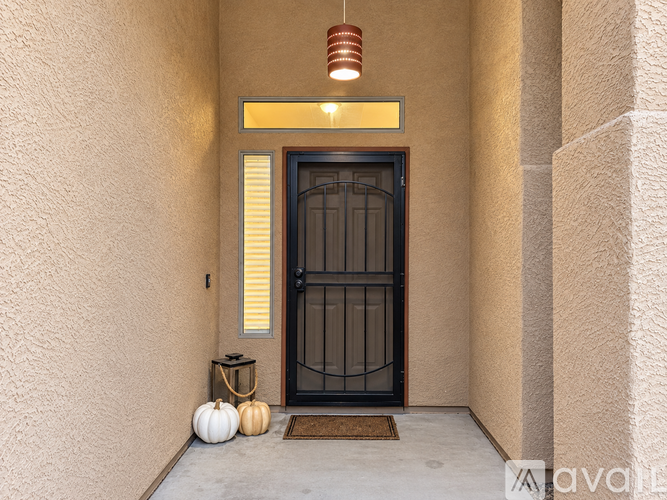 A black door with a glass panel is flanked by two white pumpkins on a concrete walkway.